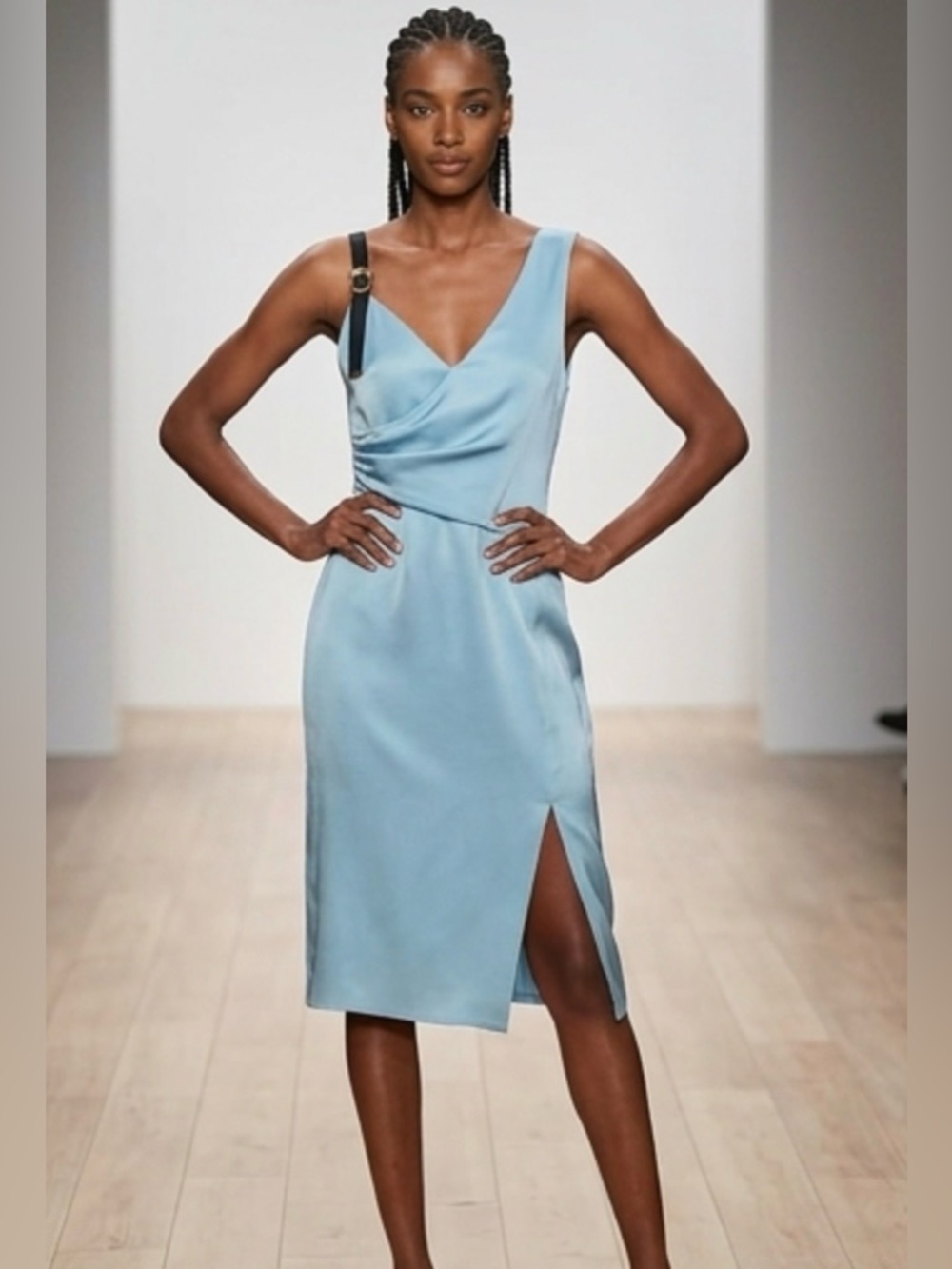 $2395 New Versace Asymmetric Silk Cocktail Dress in Azzurro. Made In Italy.